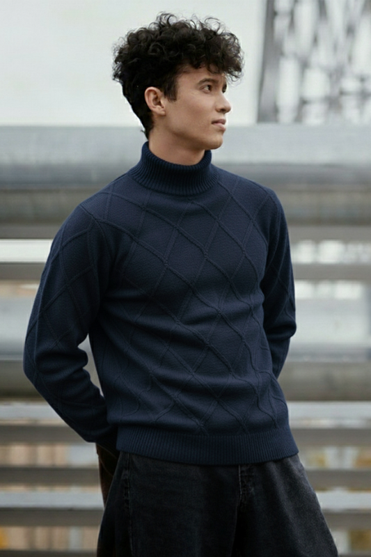 Strickpullover mit Struktur | Marcel – Marineblau mit Rautenmuster