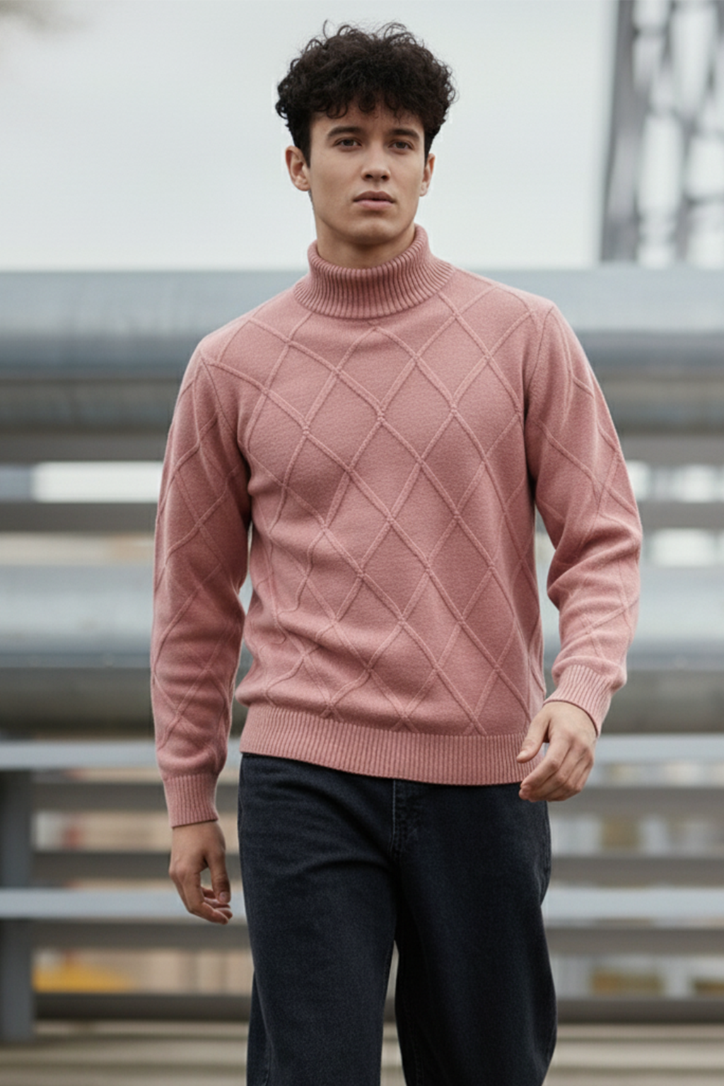 Strickpullover mit Struktur | Damian – Rosa mit Rautenmuster