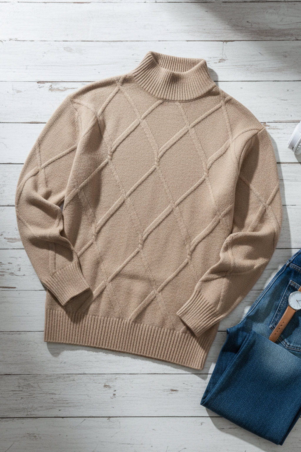 Strickpullover mit Struktur | Fabio – Beige mit Rautenmuster