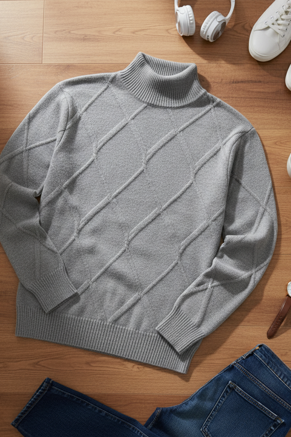 Strickpullover mit Struktur | Noah – Grau mit Rautenmuster