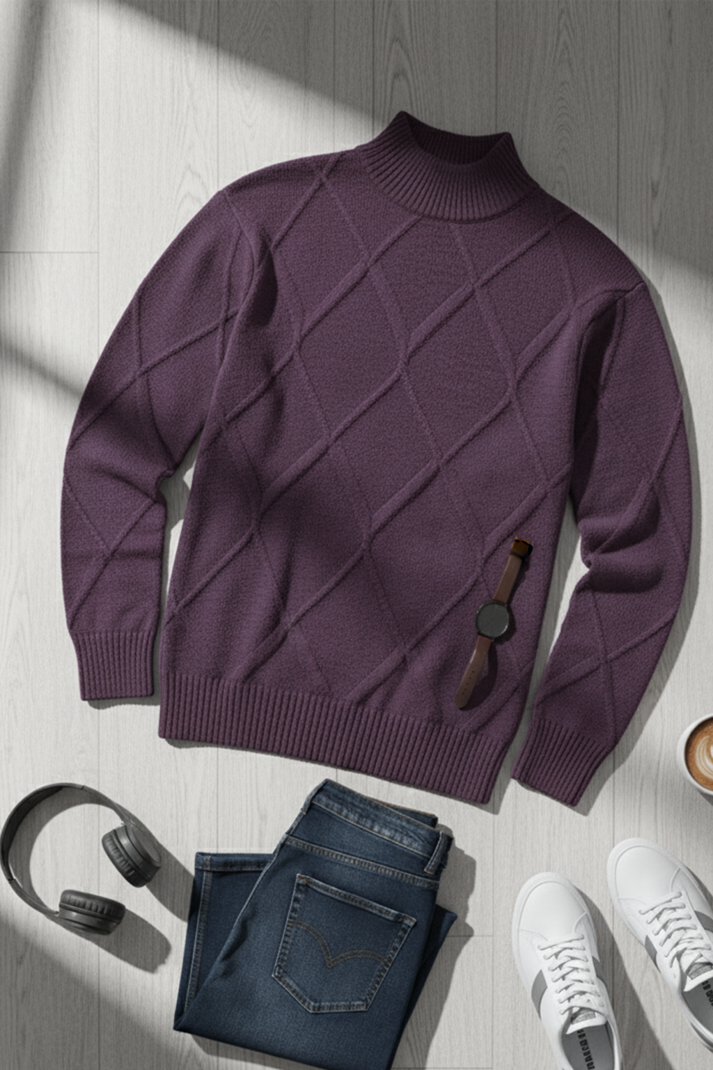 Strickpullover mit Struktur | Elias – Violett mit Rautenmuster