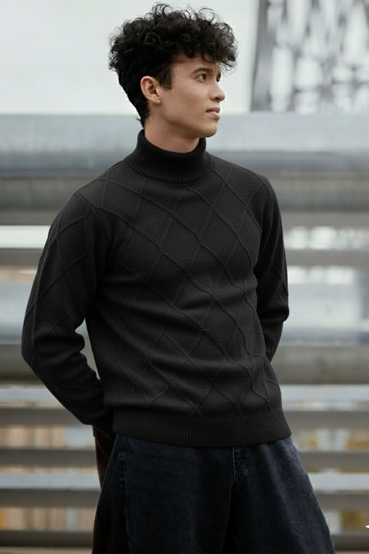 Strickpullover mit Struktur | Leon – Schwarzes Rautenmuster