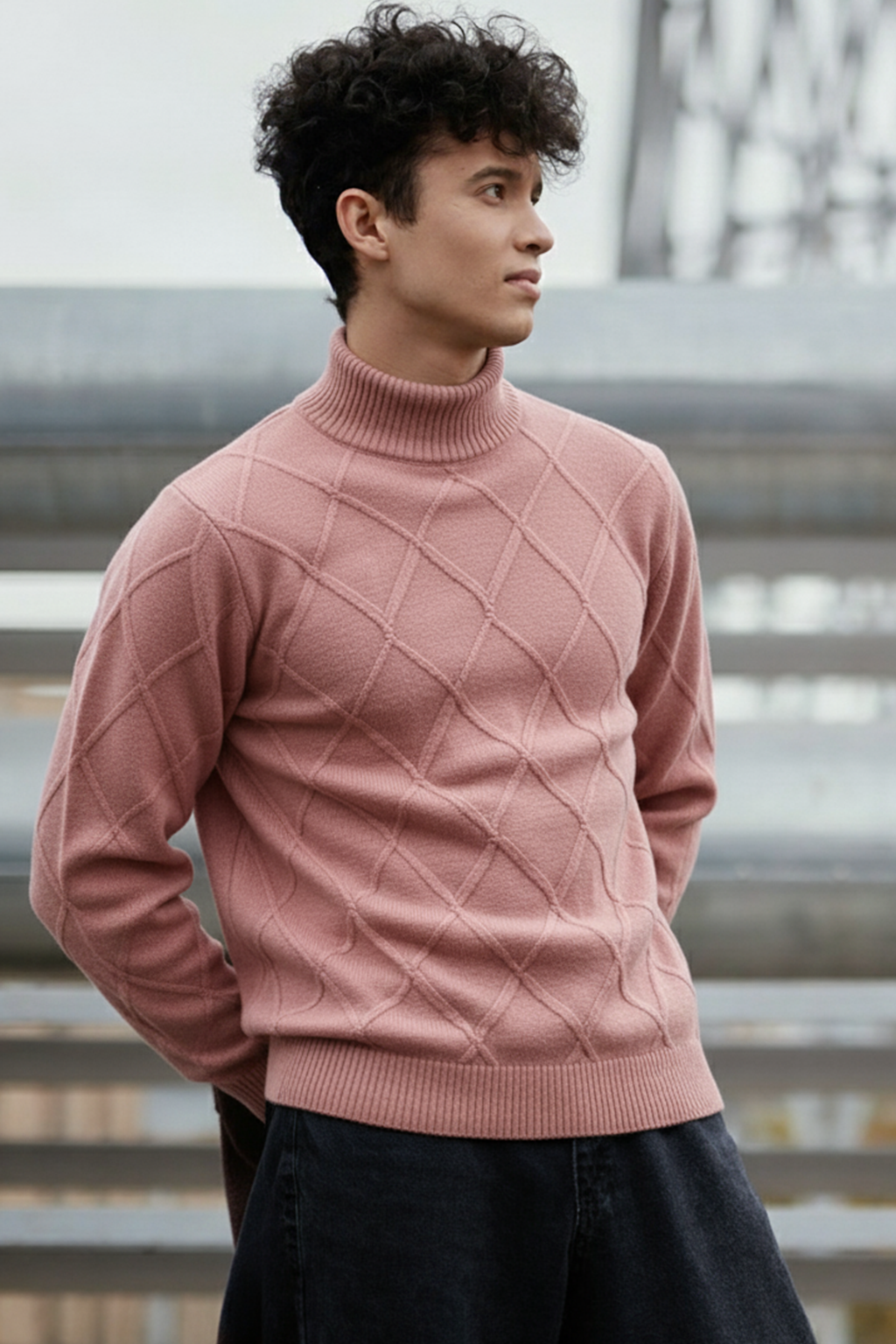 Strickpullover mit Struktur | Damian – Rosa mit Rautenmuster