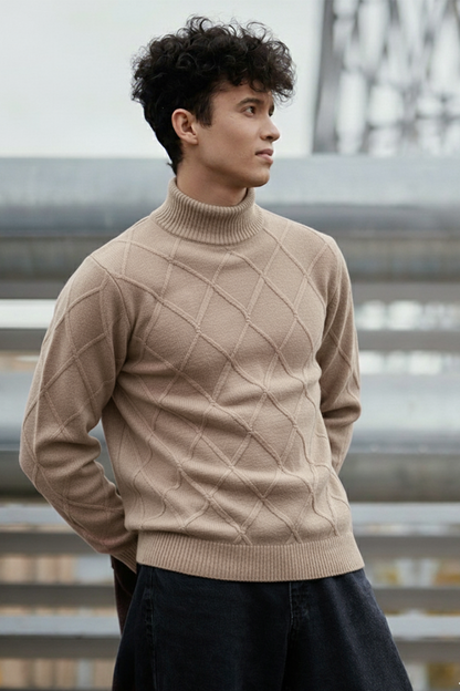 Strickpullover mit Struktur | Fabio – Beige mit Rautenmuster