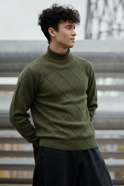 Strickpullover mit Struktur | Adrian – Olivgrün mit Rautenmuster