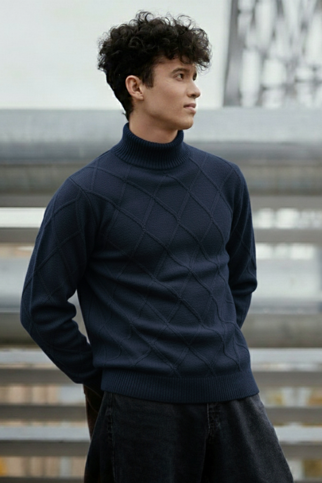 Strickpullover mit Struktur | Marcel – Marineblau mit Rautenmuster