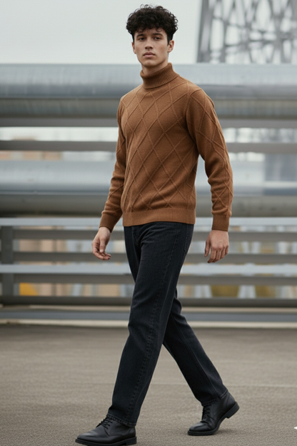 Strickpullover mit Struktur | Matteo – Braun mit Rautenmuster