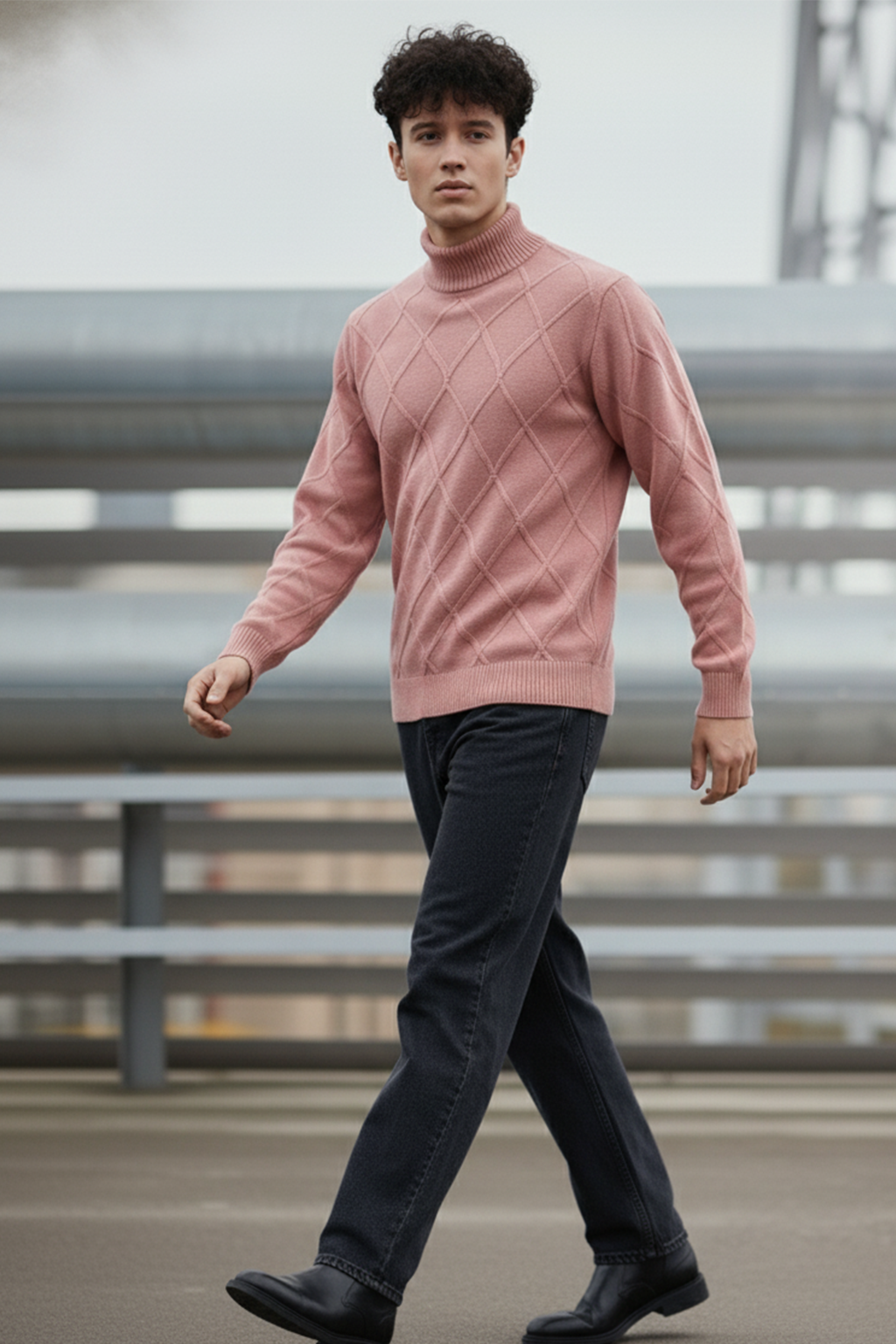 Strickpullover mit Struktur | Damian – Rosa mit Rautenmuster