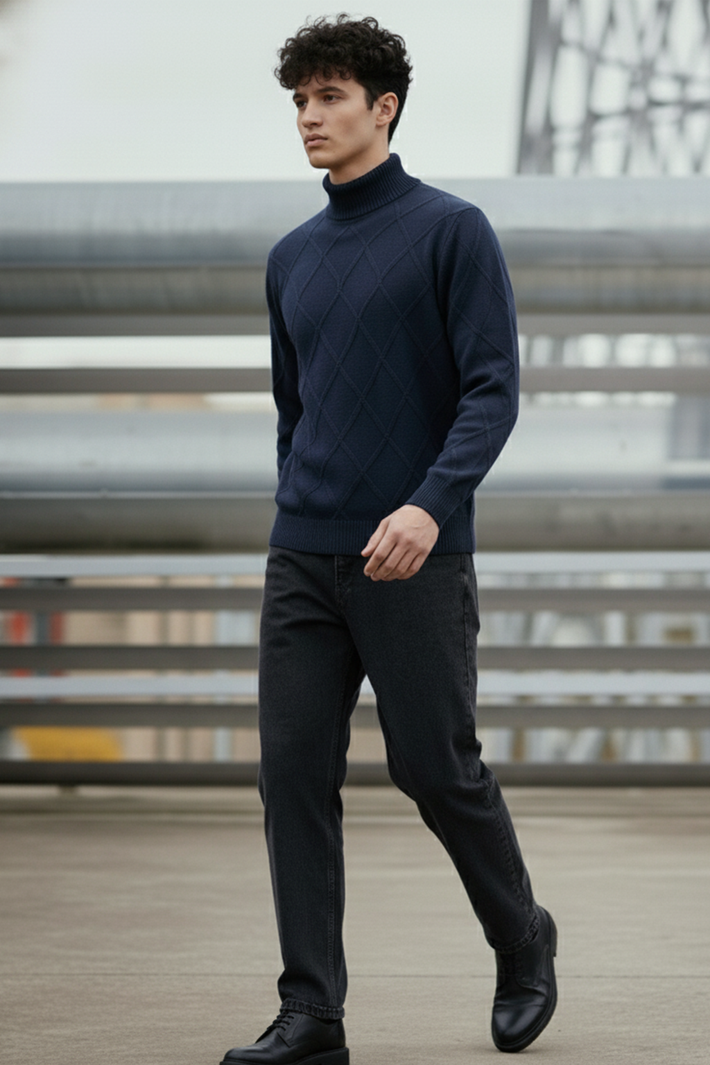 Strickpullover mit Struktur | Marcel – Marineblau mit Rautenmuster