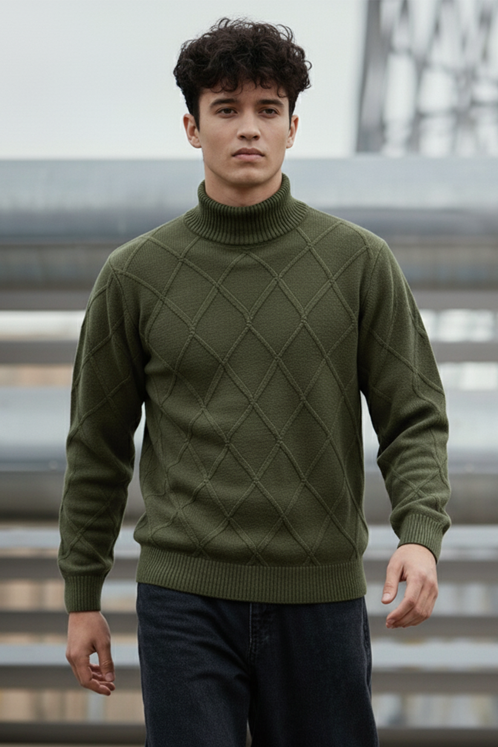 Strickpullover mit Struktur | Adrian – Olivgrün mit Rautenmuster