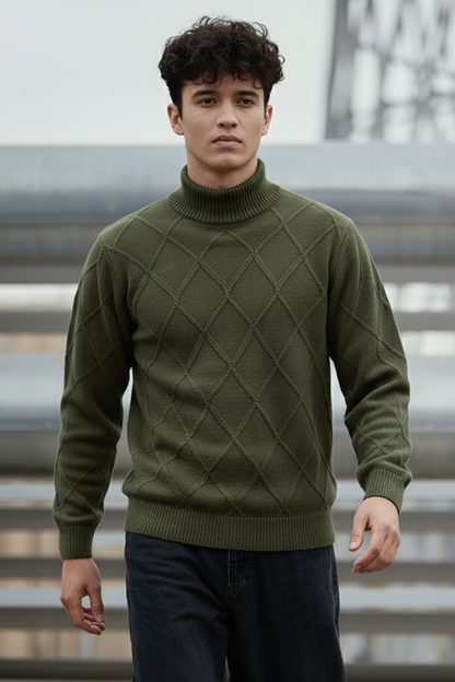 Strickpullover mit Struktur | Adrian – Olivgrün mit Rautenmuster