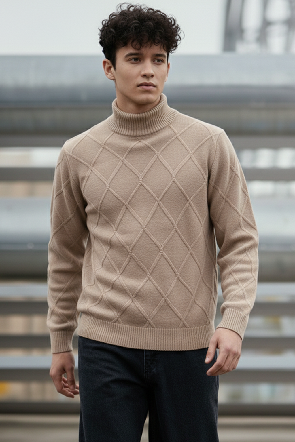 Strickpullover mit Struktur | Fabio – Beige mit Rautenmuster