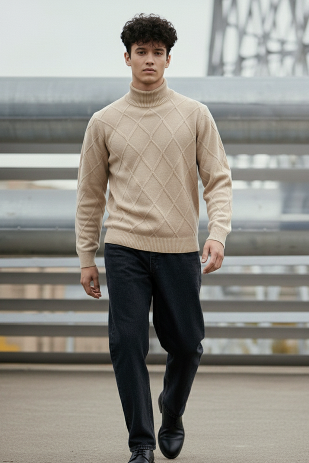 Strickpullover mit Struktur | Jonas – Creme mit Rautenmuster