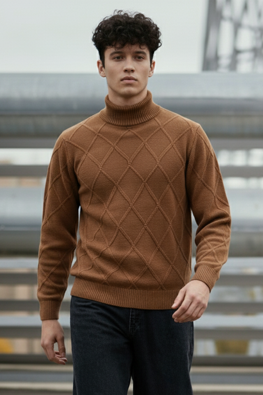 Strickpullover mit Struktur | Matteo – Braun mit Rautenmuster