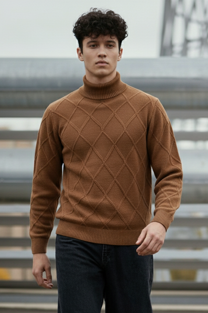Strickpullover mit Struktur | Matteo – Braun mit Rautenmuster