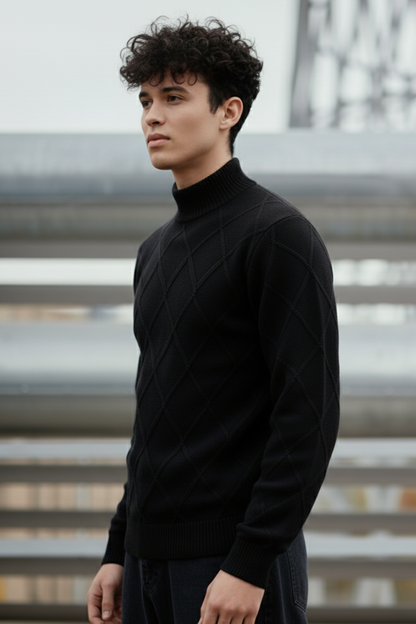 Strickpullover mit Struktur | Leon – Schwarzes Rautenmuster