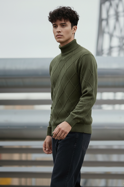 Strickpullover mit Struktur | Adrian – Olivgrün mit Rautenmuster