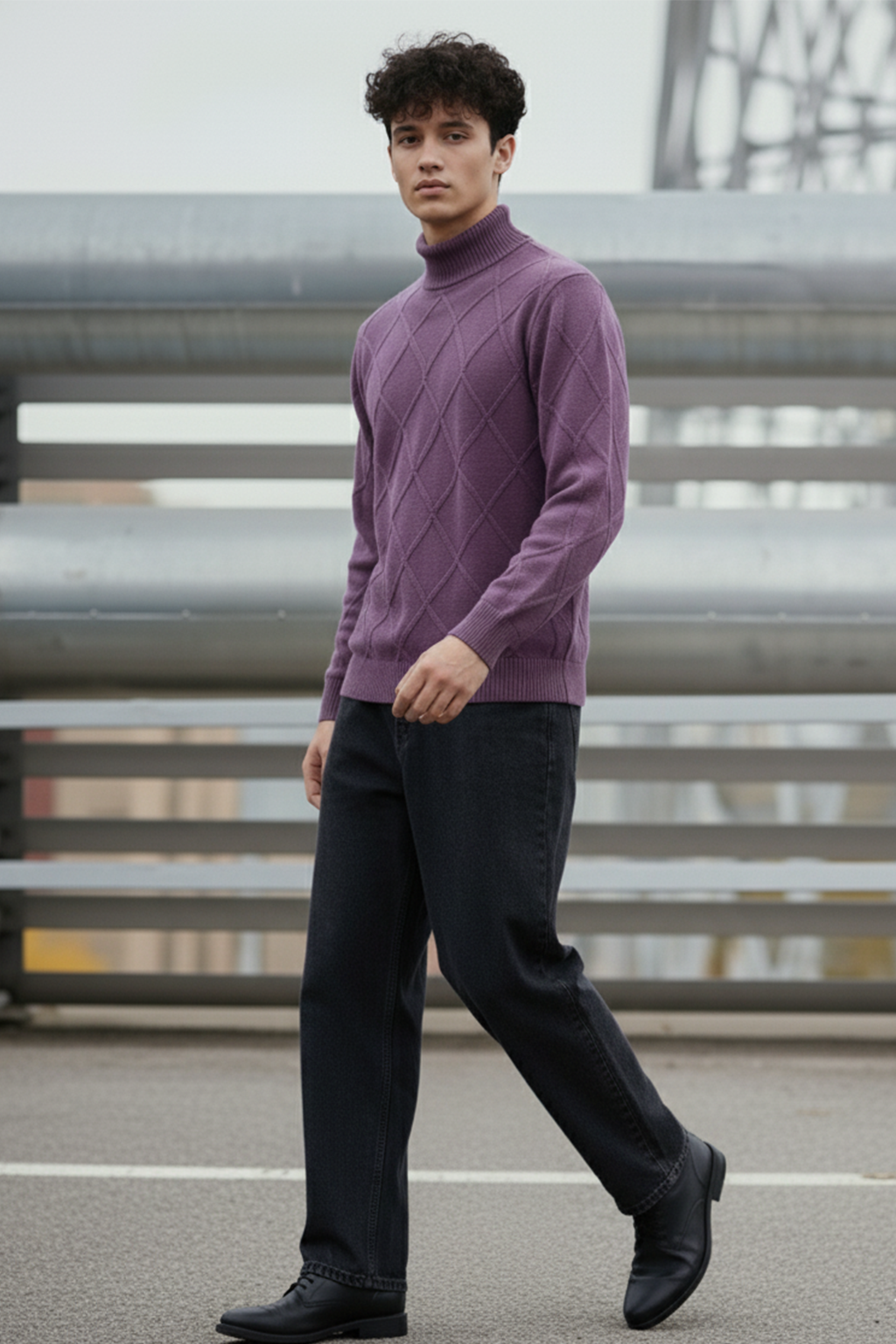 Strickpullover mit Struktur | Elias – Violett mit Rautenmuster