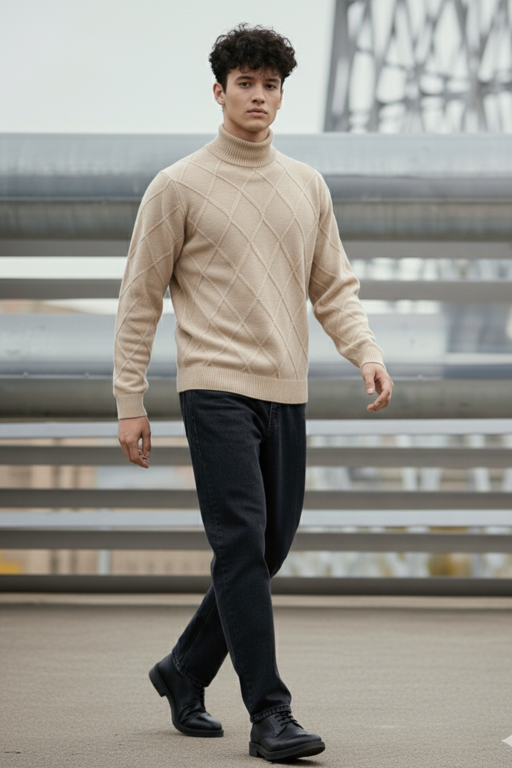 Strickpullover mit Struktur | Jonas – Creme mit Rautenmuster