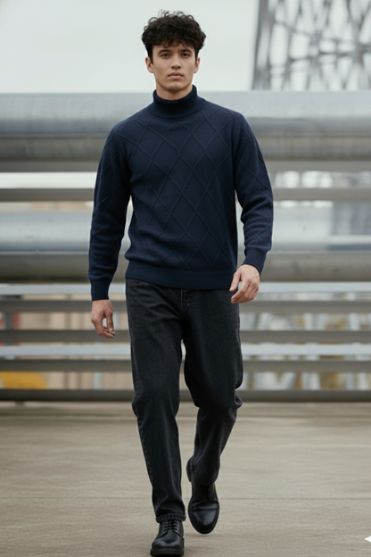 Strickpullover mit Struktur | Marcel – Marineblau mit Rautenmuster