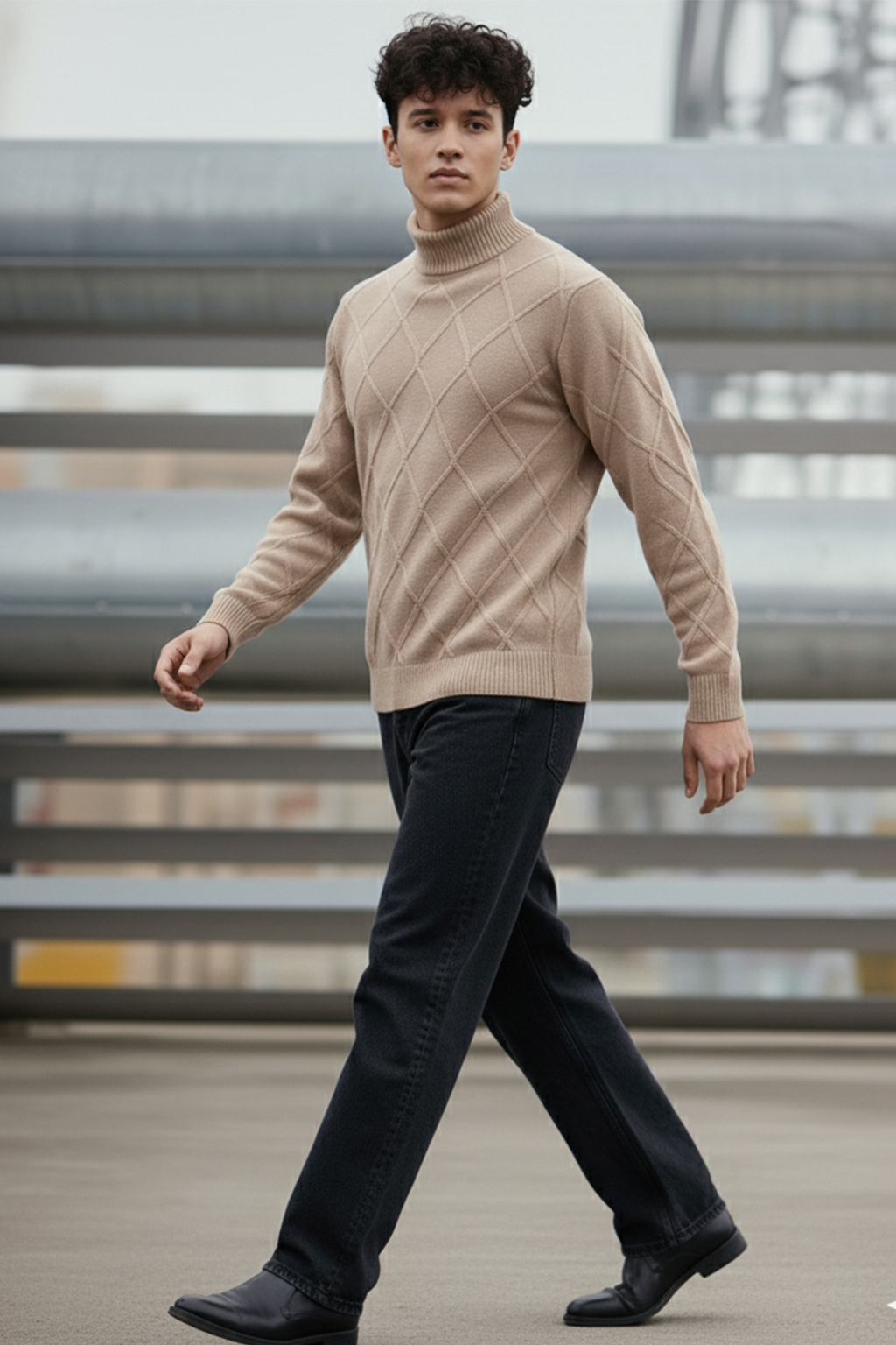 Strickpullover mit Struktur | Fabio – Beige mit Rautenmuster