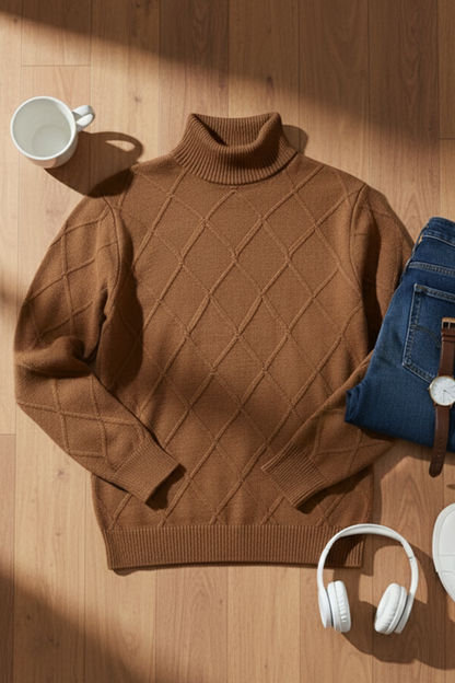 Strickpullover mit Struktur | Matteo – Braun mit Rautenmuster