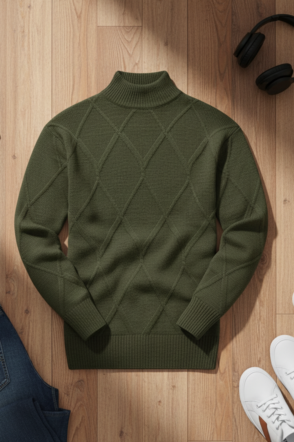 Strickpullover mit Struktur | Adrian – Olivgrün mit Rautenmuster