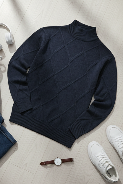 Strickpullover mit Struktur | Marcel – Marineblau mit Rautenmuster