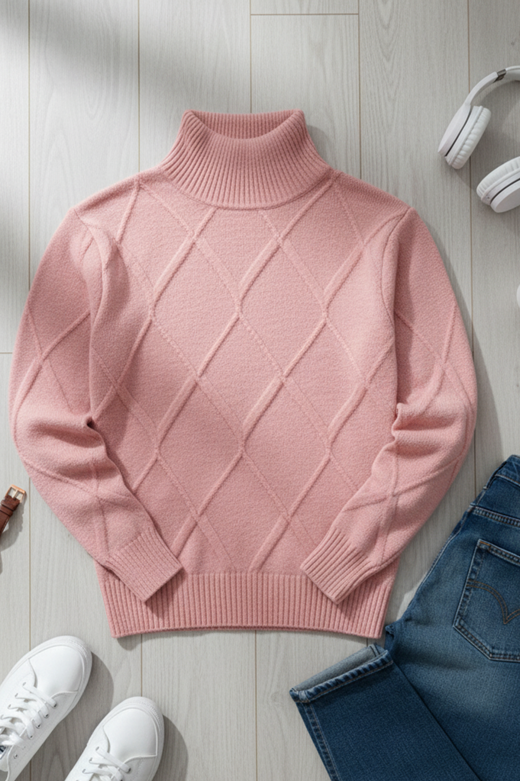 Strickpullover mit Struktur | Damian – Rosa mit Rautenmuster